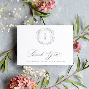 Elegant Thank You Note Card, Elegant Thank You Card with Envelope, Monogram Crest, Pheobe Collection, Wedding Thank You Card, RC0302 image 2