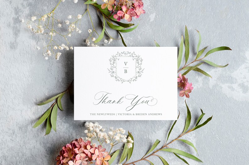 Elegant Thank You Note Card, Elegant Thank You Card with Envelope, Monogram Crest, Pheobe Collection, Wedding Thank You Card, RC0302 image 2