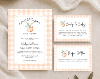 Sweet Peach Baby Shower Template Bundle, Gingham, Edit in Canva, Book Request, Books for Baby, Diaper Raffle, Digital Download, RC0403