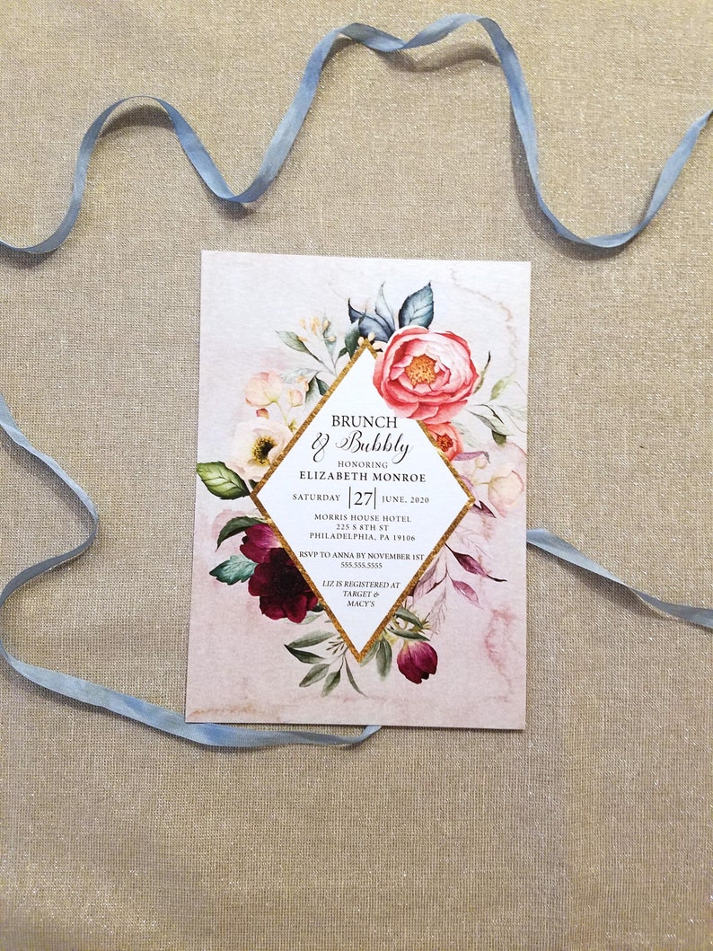 Watercolor Flower Invitation Bohemian Bridal Shower Invitation Couples Shower RC0001 Boho Brunch /& Bubbly Invitation with Envelope