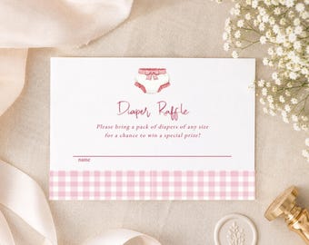 Diaper Raffle Card Template, Pink Gingham Diaper Game, French Pink baby printable, enclosure, fully editable, Instant download, RC0481