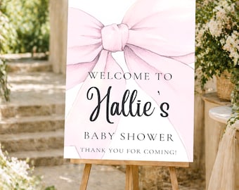 Pink Bow Baby Shower Welcome sign Template, Baby Girl, Edit in Canva, Digital Download, RC0404