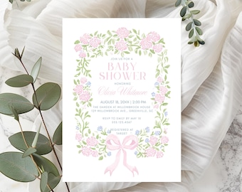 Hydrangea Baby Shower Invitation, Vintage, Blue, pink, Digital Download, Edit in Canva, RC0483