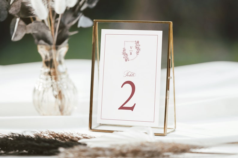Classic Monogram Crest Wedding Table Numbers, Reception Table, Calligraphy, Printed Table Numbers, 4x6 or 5 x 7, Filippa Collection, RC0302 image 1