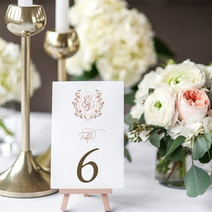Classic Monogram Crest Wedding Table Numbers, Tatiana Collection, Calligraphy, Printed Table Numbers, 4x6 or 5 x 7, RC0303 image 2
