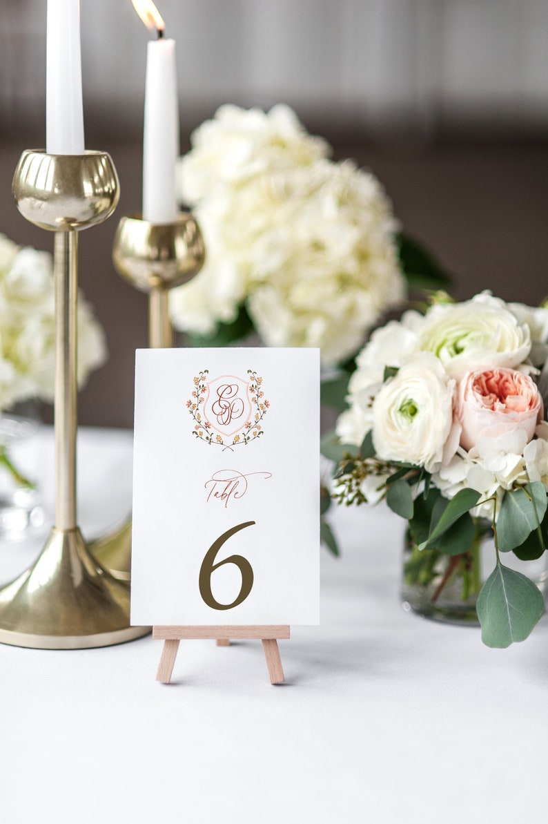 Classic Monogram Crest Wedding Table Numbers, Tatiana Collection, Calligraphy, Printed Table Numbers, 4x6 or 5 x 7, RC0303 image 2