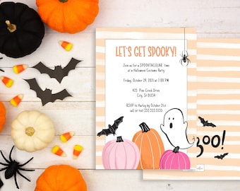 May include: A rectangular Halloween party invitation card with light orange horizontal stripes. The text reads LET'S GET SPOOKY! Join us for a SPOOKTACULAR time at a Halloween Costume Party, Friday, October 29, 2021 at 7:00 PM, 425 Pine Creek Drive, City, St 01234, RSVP to Harley by October 21st call or text 555.555.5555. The card features illustrations of a ghost, pumpkins, a spider, and a bat.