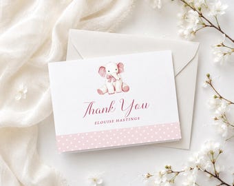Elephant Little Peanut Thank You Card Template, Pink Thank You Card Printable, Thank you Card, Edit with TEMPLETT, Baby Shower, RC00481