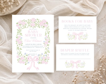 Hydrangea Baby Shower Template Bundle, Baby Girl, Edit in Canva, Book Request, Books for Baby, Diaper Raffle, Digital Download, RC0483
