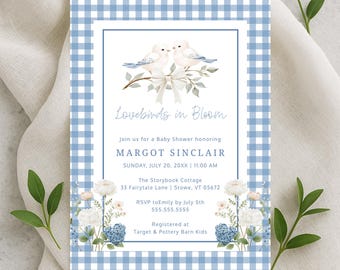 Lovebirds Bridal Shower Invitation, French Blue Invite, gingham, preppy, Digital Download, Champagne, Edit in Templett, RC0482