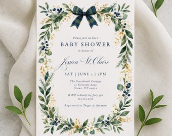 Preppy uitnodiging voor een babyshower met strik, geruite polo, groen, marineblauw, digitale download, uitnodigingssjabloon, RC0525