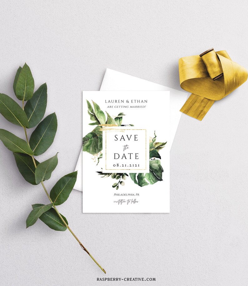 RC0112 Greenery and Gold Save our Date Printable Instant Download Tropical Save the Date Template Destination Wedding Fully Editable