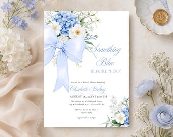 Something Blue Bridal Shower Invitation, Hydrangea Invite, Blue Bow, Edit in Canva, Digital Download, RC0523