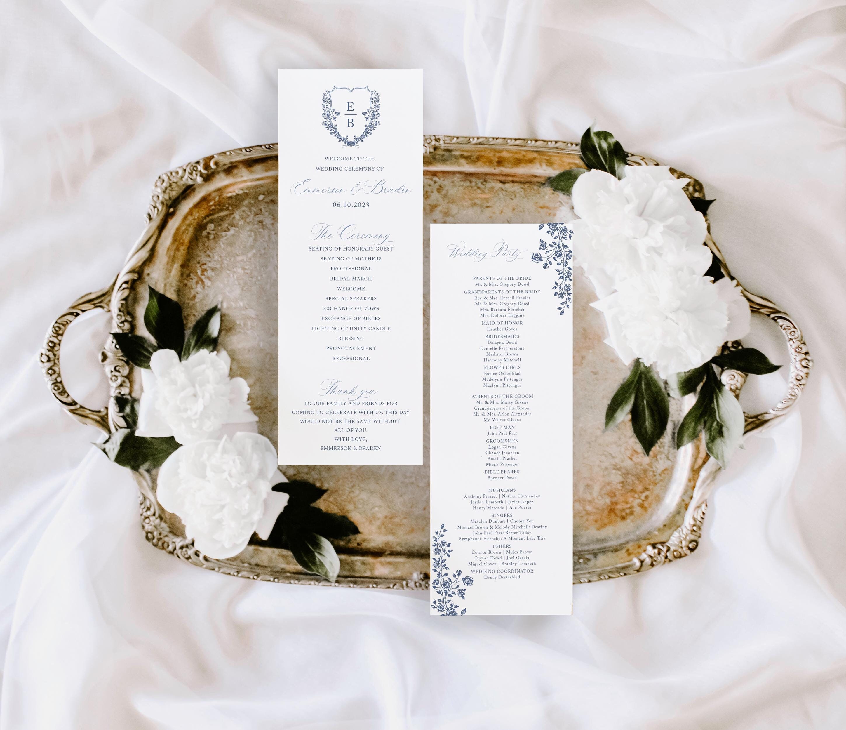 Roses Wedding Ceremony Program, Wedding Monogram Crest, Flat program, Order of Service, Flat Program, dusty blue, Marielle, RC0323