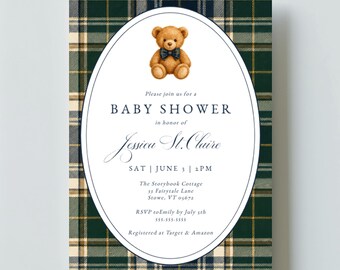 Preppy Teddy Bear Baby Shower Invitation, Plaid Polo, Navy Blue, Digital Download, Invitation Template, RC0525