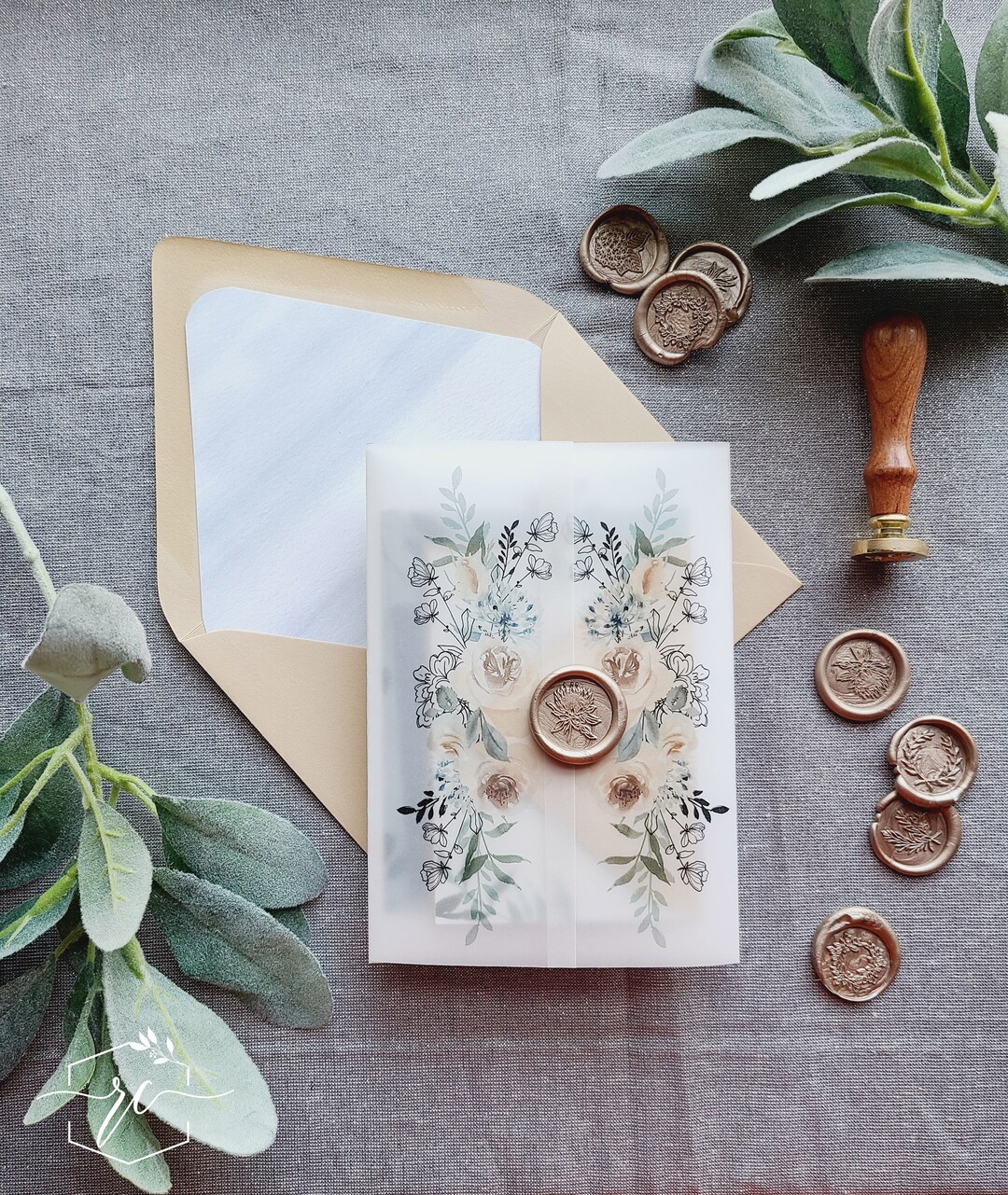 Dusty Blue Vellum Wrap Wax Seal Add On Vellum Wedding Etsy