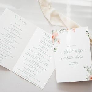 Order of Ceremony Booklet, Peach Floral Wedding Program, Traditional Wedding Ceremony, Folded Program, Karina, RC0090