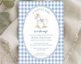 Rocking Horse Baby Shower Invitation, Cottage Core Baby, French Blue Gingham, Digital Download, Invitation Template, RC0482