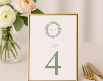 Sage Monogram Crest Wedding Table Numbers: Elegant Calligraphy, Floral Design, Blaire, RC0324
