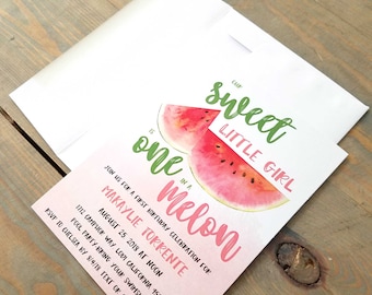 Watermelon Theme Little Girl First Birthday Party Invitation, One in a Melon 1st Birthday Party Invitation, Printed Invite