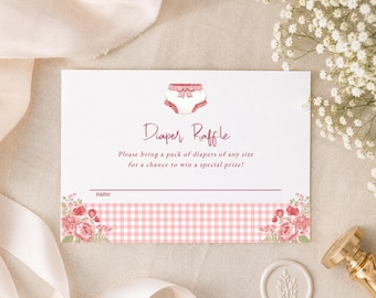 Diaper Raffle Card Template, Pink Gingham Diaper Game, French Pink baby printable, enclosure, fully editable, Instant download, RC0481