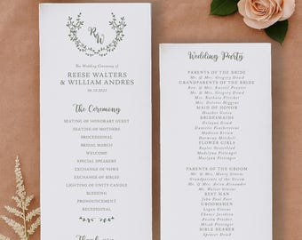 Sage Green Ceremony Program, Monogram Wreath, Elegant Wedding Program, Rosemary, RC0499