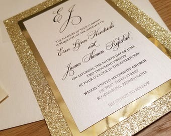 Gold Glitter Wedding Invitation, Glitter Wedding Invitation Suite, Glam Wedding Invitation, Classic Invite, Elegant Wedding Invite, RC90002
