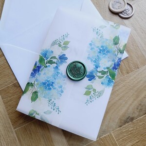 Hydrangea Vellum Wrap and Wax Seal Add on Wedding Invitation Suite, blue vellum wrap for wedding invite, vellum jacket, wax seal, RC0050