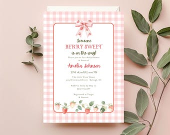 Berry Sweet Baby Shower Invitation, Gingham, Strawberry, Digital Download, Edit in Canva, RC0511