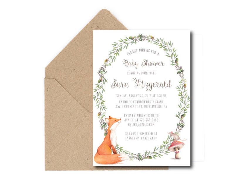 Woodland Baby Shower Invitation Fox and Mouse Baby Shower Invitations Gender Neutral Baby Shower Printed Invitation