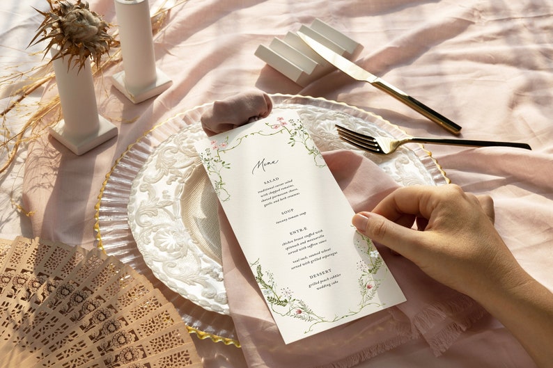 Wildflower Wedding Menu Card, Elegant, professionally printed, Personalized Wedding Menu Card, Chanelle, RC0290 image 1