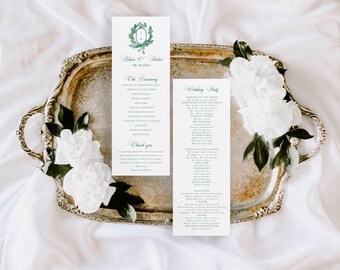 Classic Ceremony Program, Order of Service, Green, Monogram Crest, Elegant Wedding Program, Flat Card, Juliane, RC2501