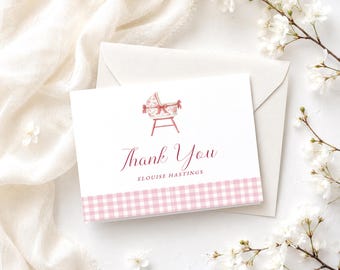 Pink Thank You Card Template, Gingham Thank You Card Printable, Thank you Card, Edit with TEMPLETT, Baby Shower, Baby Girl, RC00481