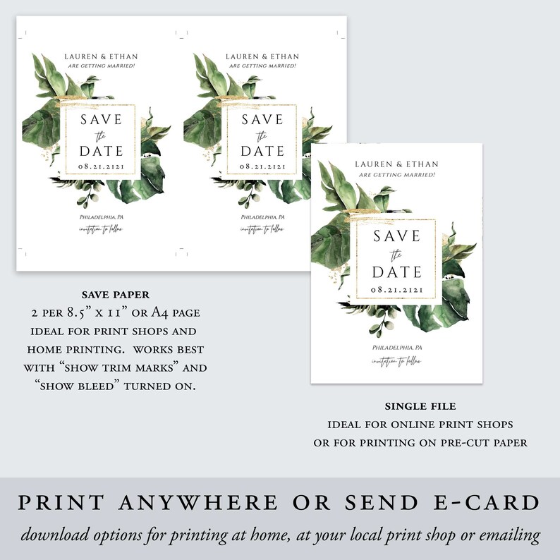 RC0112 Greenery and Gold Save our Date Printable Instant Download Tropical Save the Date Template Destination Wedding Fully Editable