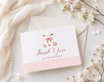 Pink Thank You Card Template, Lamb Gingham Thank You Card Printable, Thank you Card, Edit with TEMPLETT, Baby Shower, Baby Girl, RC00481