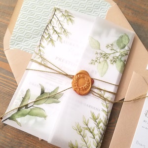 Greenery Wedding Invitation Suite with Vellum Wrap and Wax Seal, Sage Greenery Wedding Invitation Set, Lawson Collection, RC0085