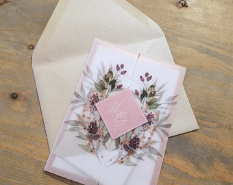 Rose Gold Vellum Wedding Invitation Set with Monogram Crest, Dusty Rose and Taupe Wildflowers Vellum Wedding Invitation Suite, RC20014