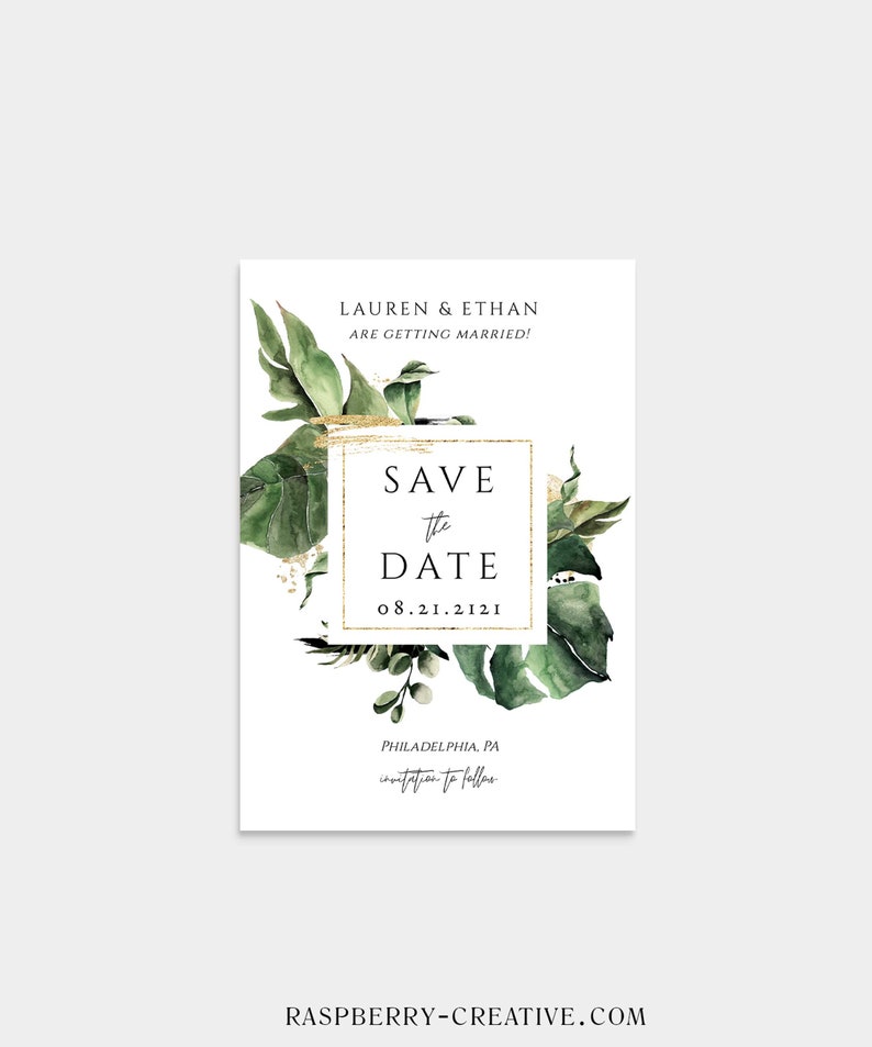 RC0112 Greenery and Gold Save our Date Printable Instant Download Tropical Save the Date Template Destination Wedding Fully Editable