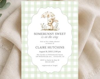 Somebunny Sweet Baby Shower Invitation, Vintage, Blue, Digital Download, Edit in Canva, RC0425