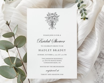 Bridal Shower Invitation Template, Bouquet Bridal Shower Invite, Simple Bridal Shower Printable Invite, Digital Calligraphy Evite, RC260801
