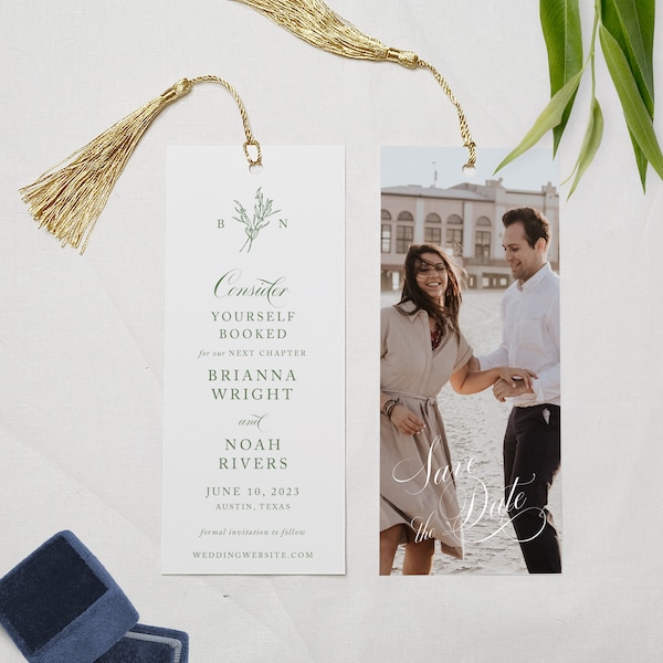 Elegant Save the Date Bookmark, Photo Save the Date Card, Book Theme Wedding Invite, Library Theme Bookmark Save the Date, Learie, RC0186