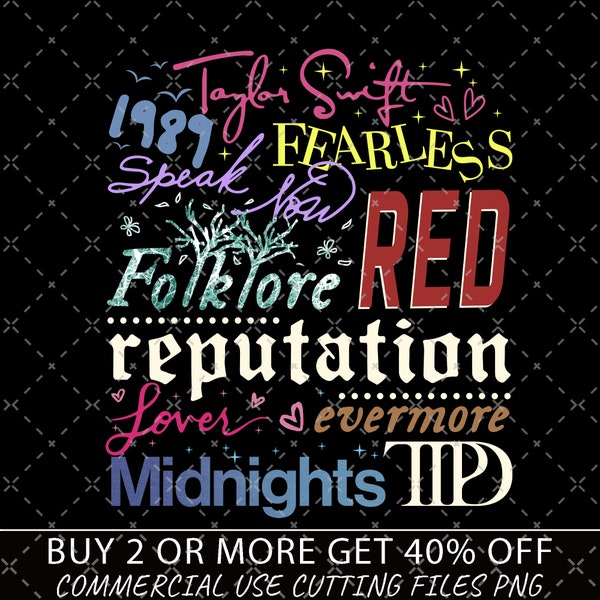 Taylor Swift Albums PNG, Taylor's Logo Png, Eras Font Bundle, Taylor Swift, RED, 1989, Reputation, Lover, Folklore Evermore, Midnights, TTPD