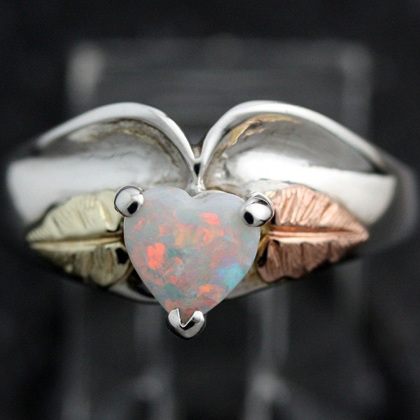 Sterling Silver Opal Ring with Green and Pink Leaf