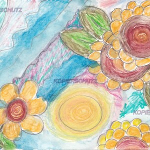 5x gedruckte Postkarte A6 einer eigenen Aquarell-Buntstift-Zeichnung, Geburtstagskarte, Grußkarte, Blumenmotiv, "Sonnenphantasie"