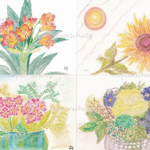 VIERER-SET: Gedruckte Postkarten A6 eigener Aquarell-Buntstift-Zeichnungen, Geburtstagskarten, Grußkarten, Blumenmotive