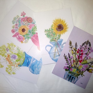 VIERER-SET: Gedruckte Postkarten A6 eigener Aquarell-Buntstift-Zeichnungen, Geburtstagskarten, Grußkarten, Blumenmotive