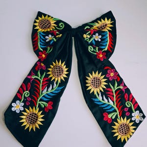 Large Traditional Embroidered Mexican Sunflower Black Hair Bow Artisan Made Accessory Girls