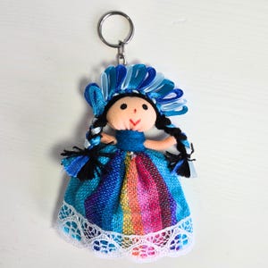 Muñeca Lele Small Traditional Mexican Doll Keychain Handmade with Blue Hair Ribbons Mexican Charms Unique Made in Mexico Purse Decoration
