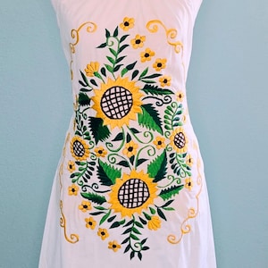 Embroidered Traditional Mexican Halter Top Dress White with Yellow Sunflower Design Lightweight Medium Women Beach Midi Summer Vacation