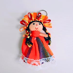 Muñeca Lele Small Traditional Mexican Doll Keychain Handmade with Orange Hair Ribbons Mexican Charms Unique Made in Mexico Purse Decoration